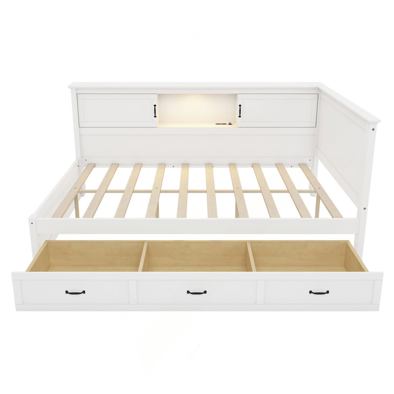 Cadre de lit en L avec tiroir et bibliothèque, lit d'angle en bois avec éclairage à DEL et port USB pour petite pièce, chambre à coucher, chambre d'amis