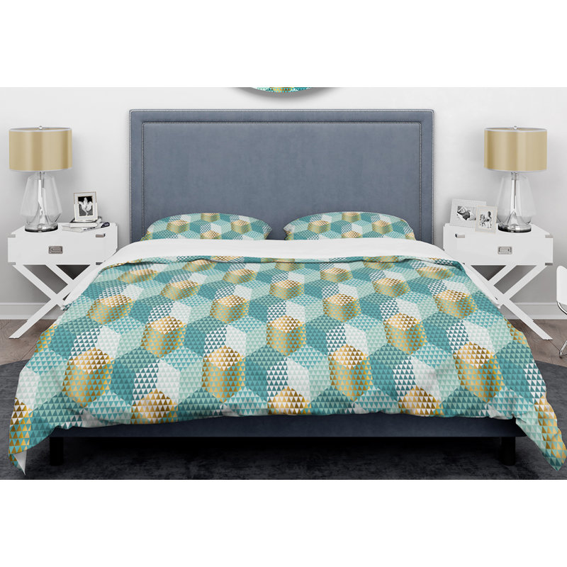 Ensemble de housse couette mid-century rétro hexagonal viii, Housse de couette très grand + 2 taies décoratives
