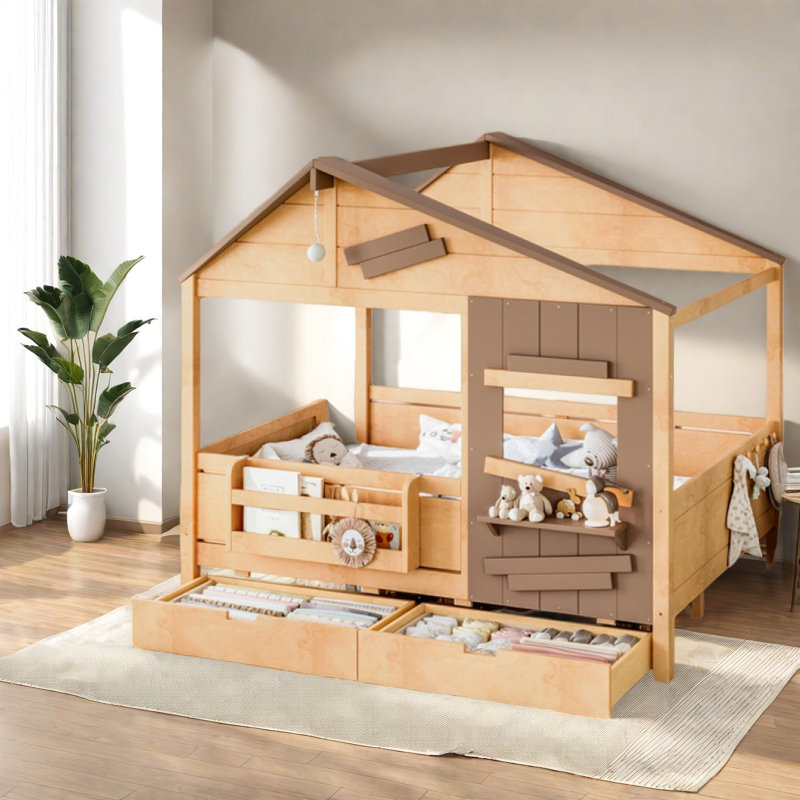 Lit double avec rangement, structure en bois MDF, style rustique pour chambre d'enfant