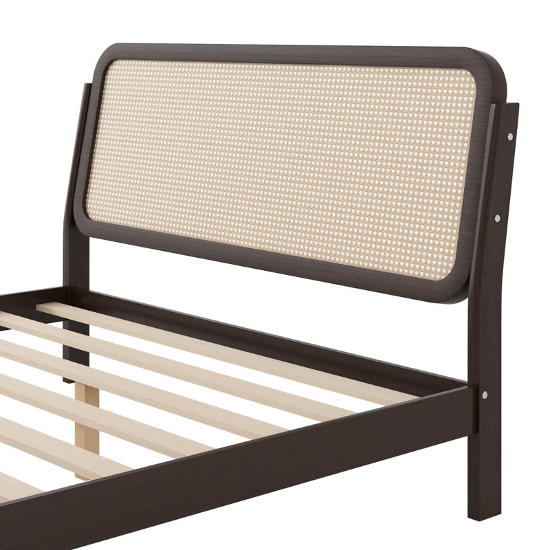 Cadre de grand lit avec tête de lit en rotin et base de lit en bois avec lumière DEL