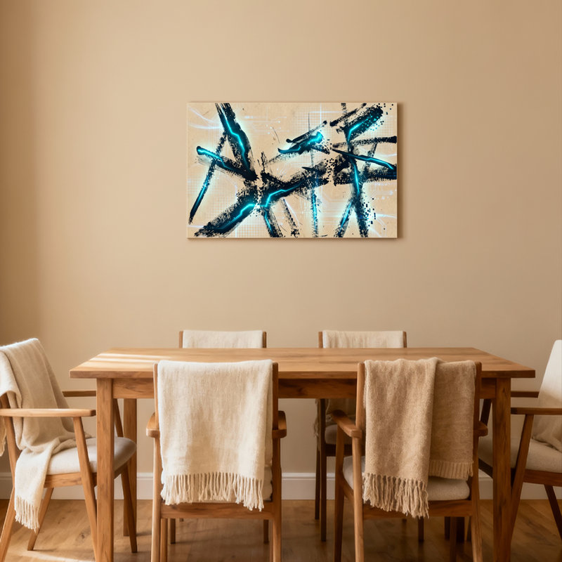 Ensemble de 1 tableau abstrait bleu en forme d'éclair, imprimé à coups de pinceau sur toile tendue, H 12 po x l 18 po