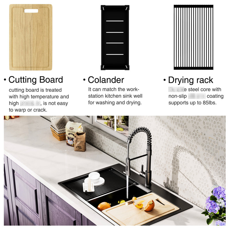 Gunmetal Black Drop-In Kitchen Sink, 32X22 Inch, 18 Gauge Stainless Steel, Convenient 32 In. L X 22 W With Strainer