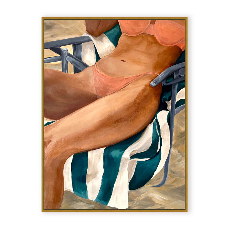 Coastal Retreat Riviera Retreat: Woman Lounging On Beach Towel And Chair, 24" H x 16" W x 1.125" D, Framed Matted Print