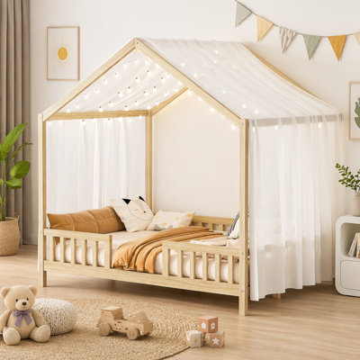 Lit sur pied avec auvent, cadre de lit double pour enfants, cadre de lit pour tout-petit en forme de maison avec rampes hautes, lit pour enfants en bois avec toit, lit double pour enfant, naturel