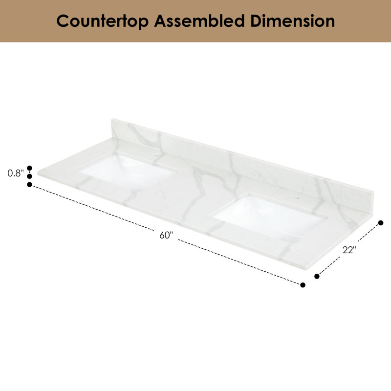 Arbios 60"  Quartz Double Vanity Top with Sink Faucet Holes, Single