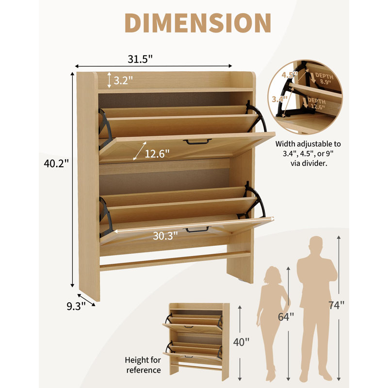 Freestanding Hidden Narrow Shoe Cabinet Organizer with 2 Flip Drawers for Entryway, Beige Wood