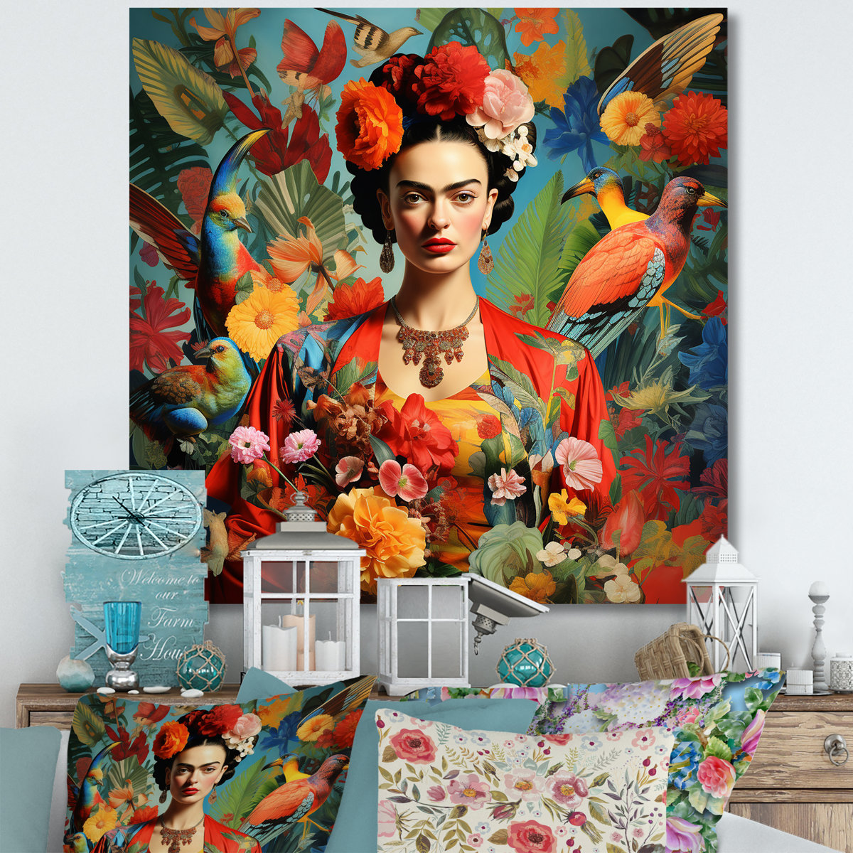Colorful Fridas Floral Masterpiece I - Mexican Art Wall Art Colorful Floral Print