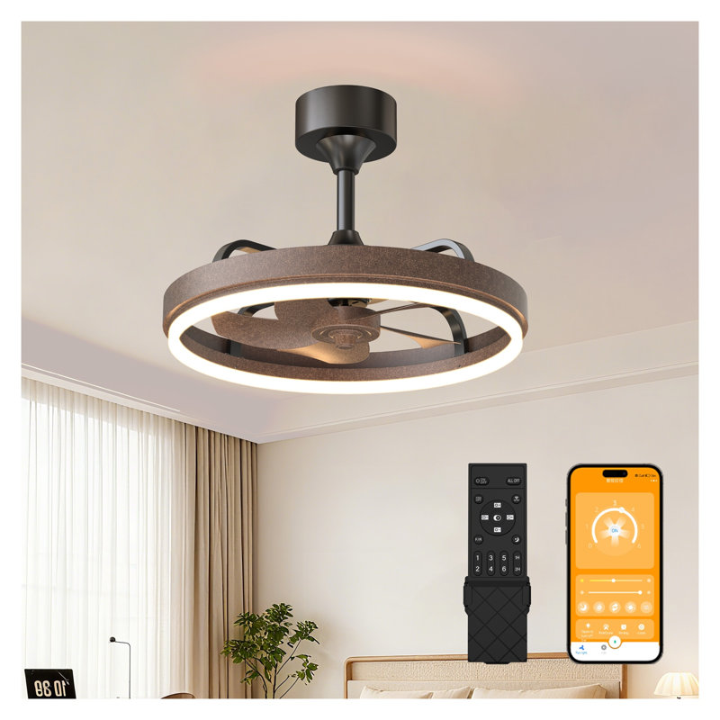 Ventilateur de plafond brun rustique 20,5 "avec lumières, télécommande et commande APP, ventilateur encastré à profil bas pour chambre à coucher