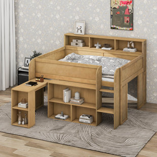 Full Size Low Loft Bed With Desk And LED, Wood Kids Full Loft Bed With Multiple Storage Shelves