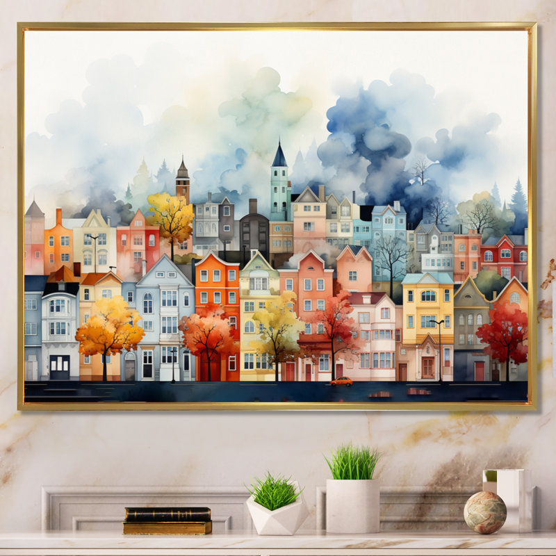«Popart Cityscape Urban Fog II - City Buildings», art encadré, H 12 po x l 20 po x P 1 po, Cadre flottant doré