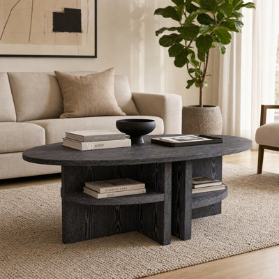 Gray Modern Neutral Oval Coffee Table with Shelves Contemporary - 53" x 28" x 18"