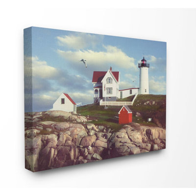 " Nubble Break Water Rocks White Lighthouse with Seagull " Mixed Media Print