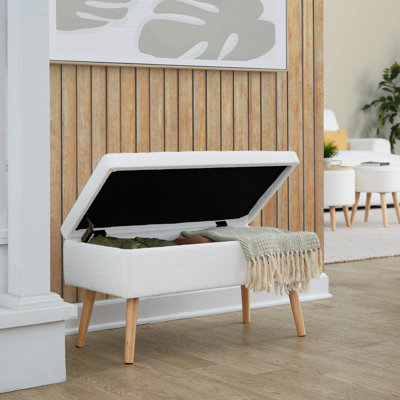 Cream Fabric, Natural Wood Bench, Contemporary Design, Flip - Top Lid, Solid Legs, Inside Length, Product Height, Depth, 500 Lbs Weight Limit, Indoor Use Fabric And Multi Use 31" Width, 14.5" 15.5"