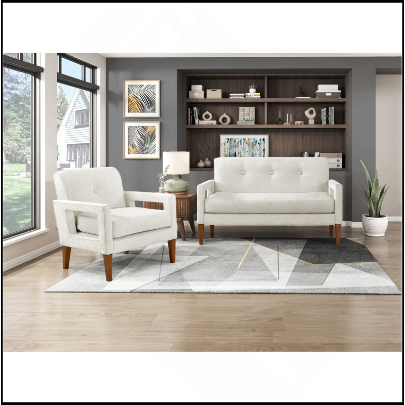 Causeuse en tissu d'ameublement en chenille beige avec pieds en bois massif, Beige