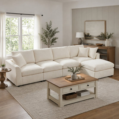 Modular Sectional Sofa with Movable Ottoman, 4-Seater Chenille Couch, Solid Wood Frame for Living Room and Apartment, Includes 1 Throw Pillow