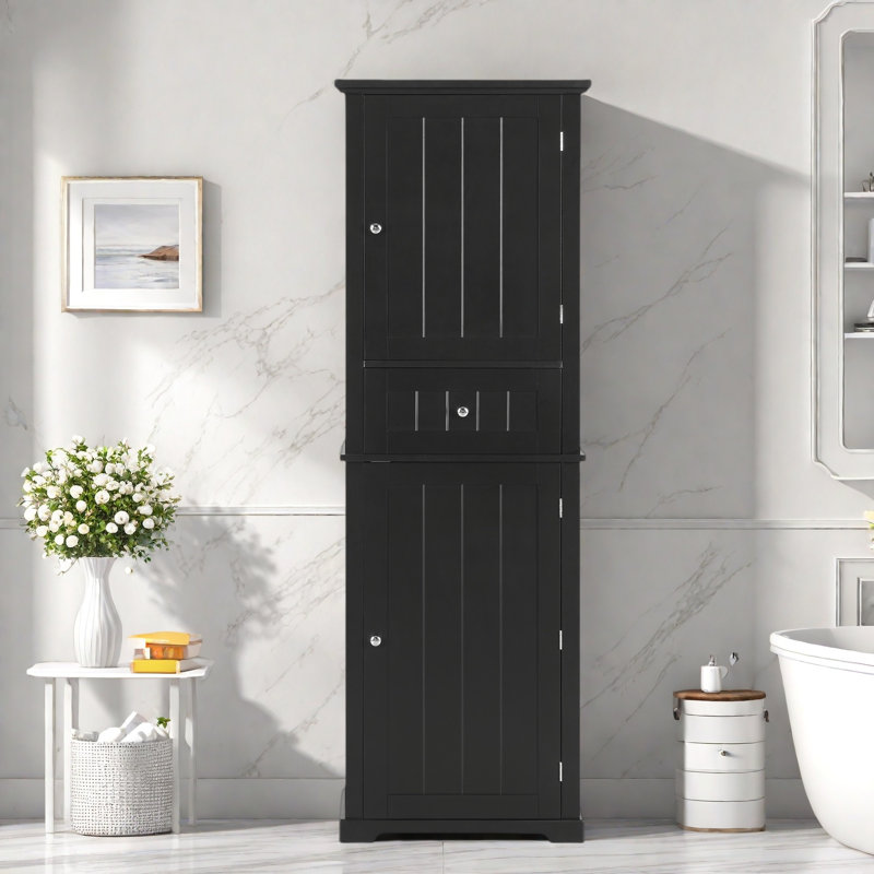 Tall Bathroom Storage Cabinet With A Drawer, Storage Cabinets And Adjustable Shelf, Vertical Striped Design, Black
