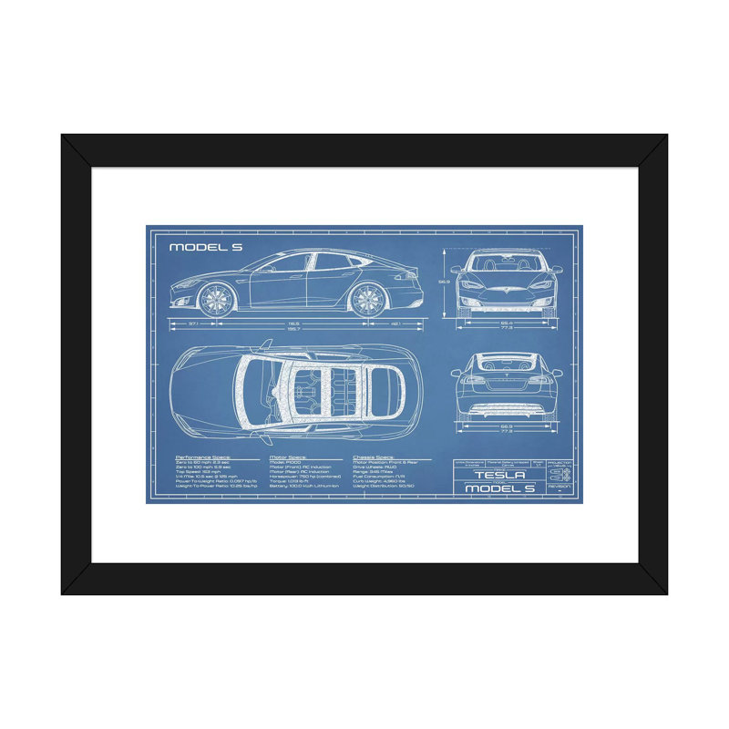 Modèle Tesla S (2016-2020) Blueprint-impression de dessin, Papier encadré noir, Blanc, H 24 po x l 32 po x P 1 po