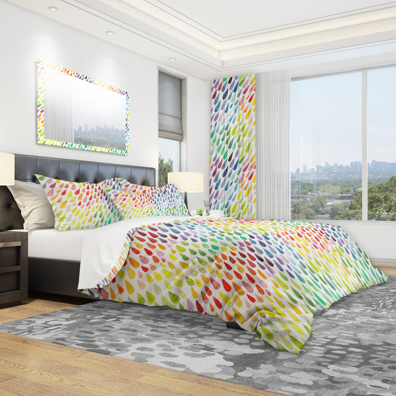 Twin Multicolor Watercolor Drops Microfiber Duvet Cover Set