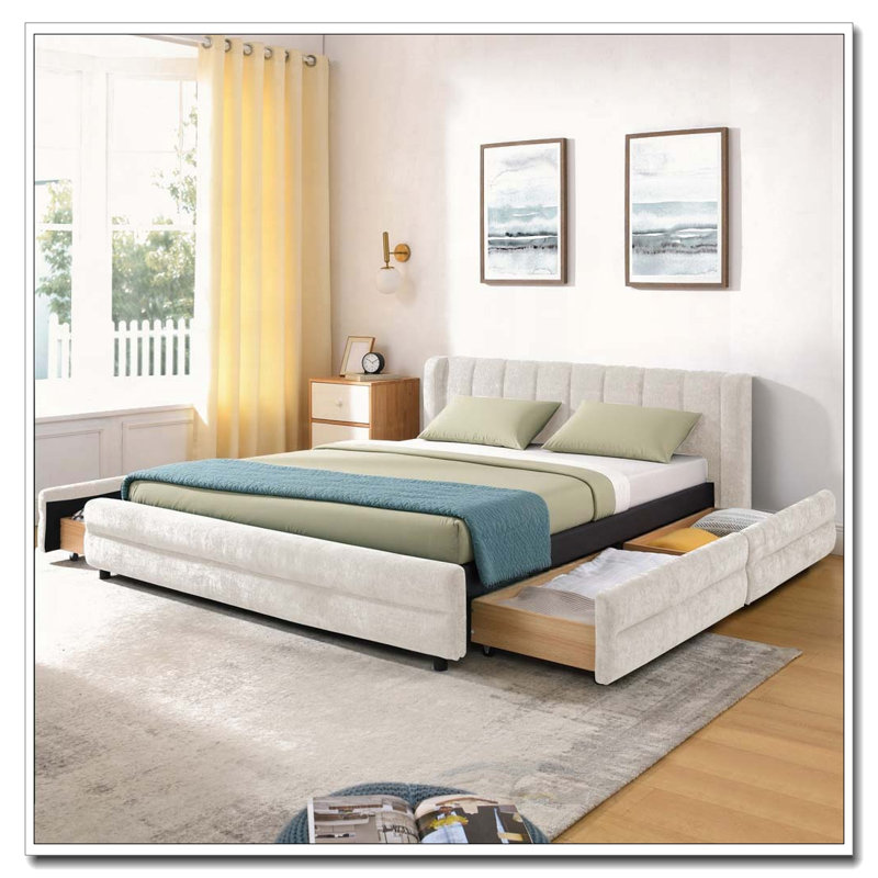 Cadre de lit rembourré avec tissu épais, cadre de lit rembourré confortable, tissu chenille, avec tête de lit et cadre de lit solide. Avec tiroir pour le rangement