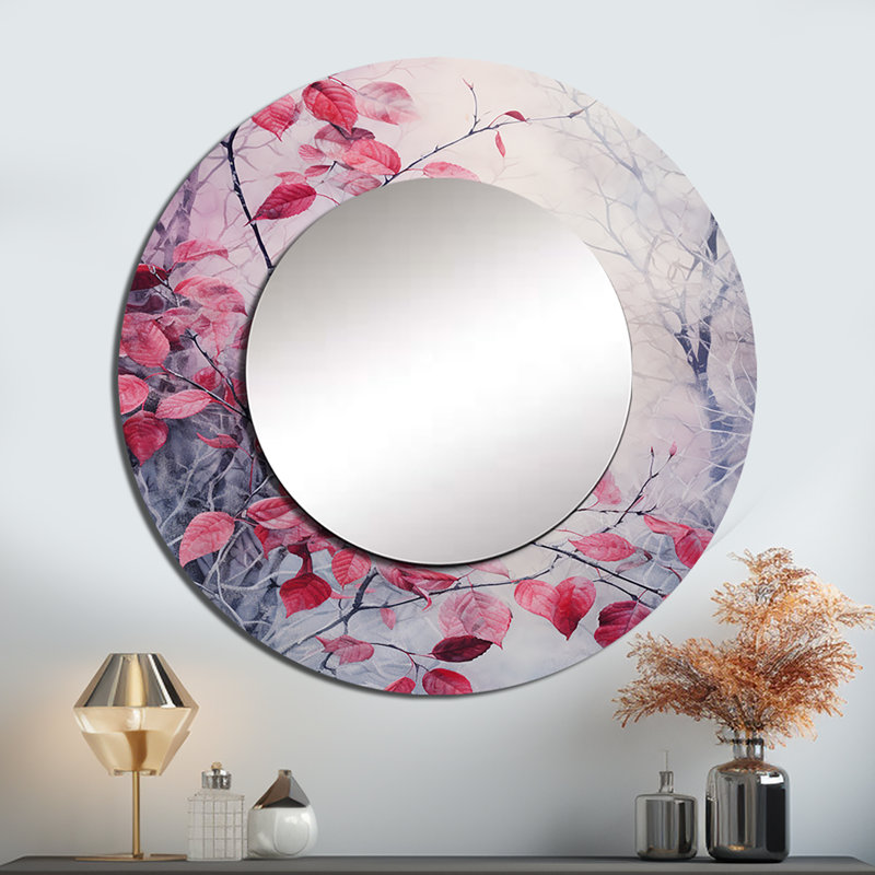 Romesa Leaves Charm In Moody Overcast I - Leaves Wall Mirror, Traditional Round Decorative Mirror, Printed Metal Art