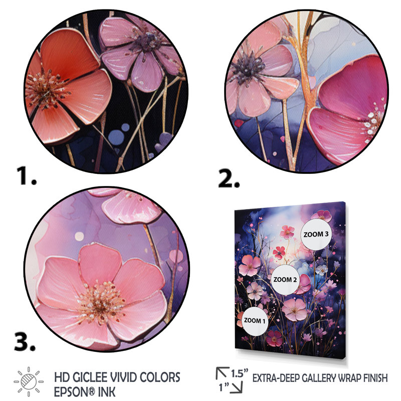 «Pink and Purple Fuchsia Fantasy I», reproduction sur toile, H 44 po x l 34 po x P 1,5 po, Cadre noir