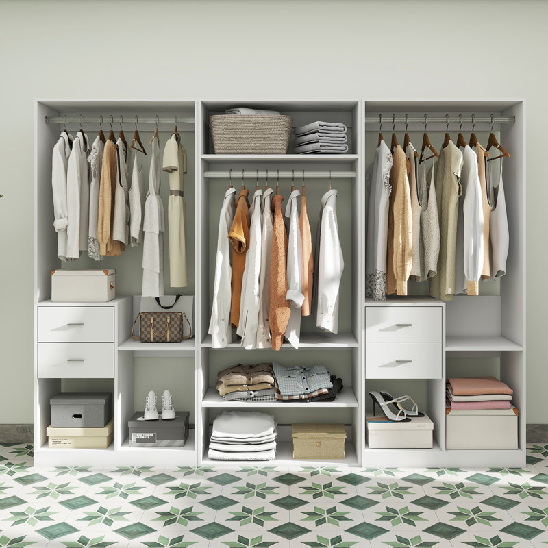 Système d'organisation de placard avec tiroirs et tringles de suspension, garde-robe ouverte pour garde-robe avec plusieurs tablettes