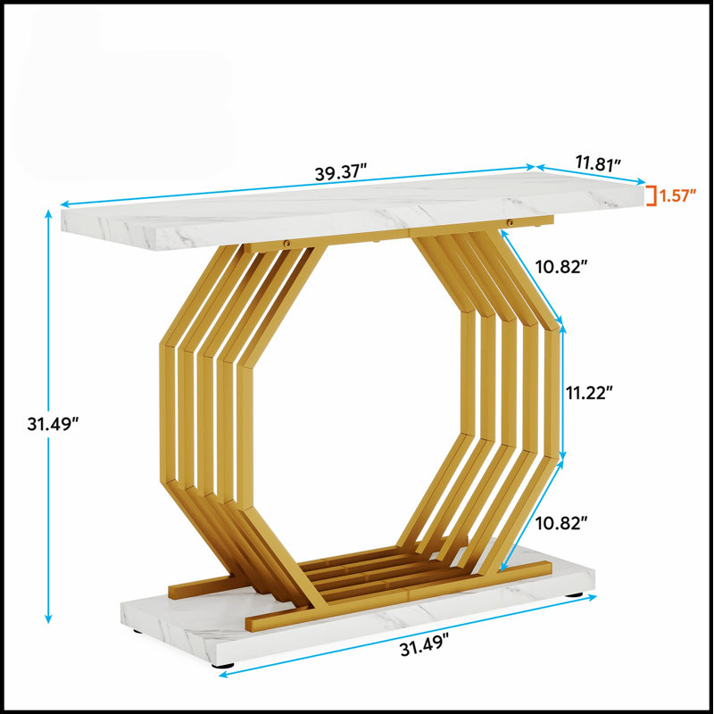 40-Inch Gold Console Table with Faux Marble Top and Geometric Metal Base, Perfect for Modern and Narrow Spaces