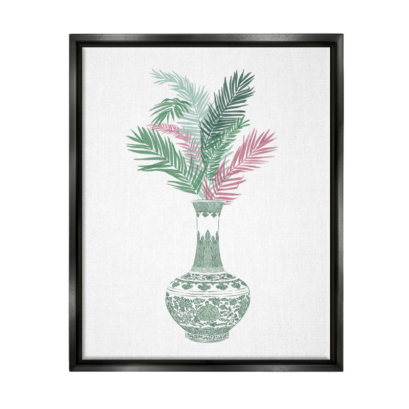 Vase à motif botanique orné par estampe numérique par Ziwei Li, Cadre flottant noir de jais, H 31 po x l 25 po x P 1,7 po