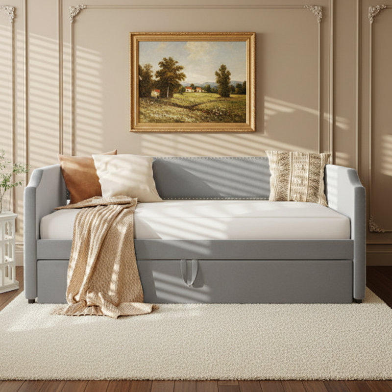 Twin Size Velvet Upholstered Daybed with Pop-Up Trundle, Perfect for Small Spaces and Sleepovers, Gray, Gray