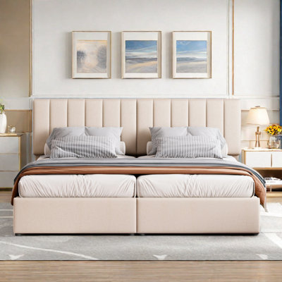 Platform Bed Upholstered Platform Bed Included Two Twin Size Beds, Hydraulic Storage Systems And Vertical Stripe Headboard by mosaicmotifco