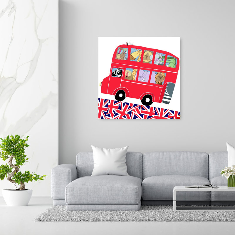 Safari Animals London Bus Contemporary Crocodile Elephant Giraffe City Wall Art Print by Carla Daly - Wrapped Canvas Print