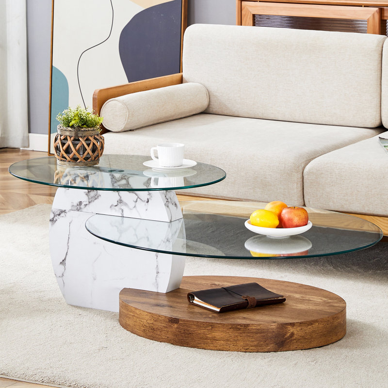 Table basse de haute qualité à double couche avec base en marbre blanc créatif, verre trempé ovale, usure, patins antidérapants et collage de grain de bois, support lisse, choix de couleurs multiples