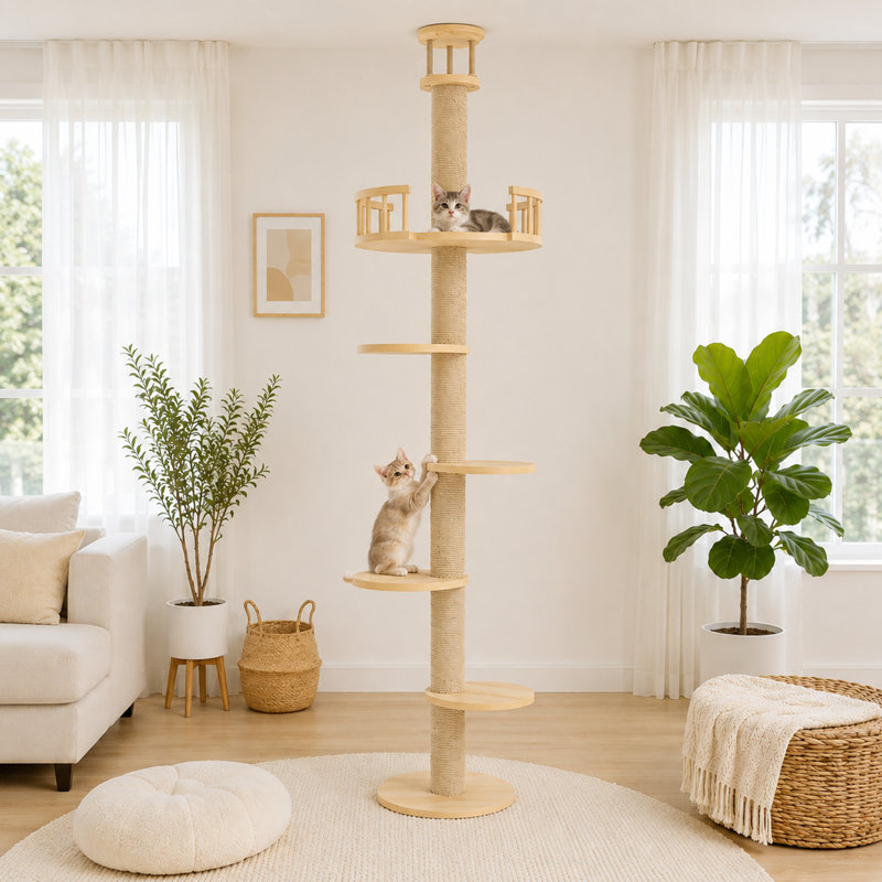 Isaacs 109.8'' H Cat Tree with Cat Wall Shelves, 5 Tier Floor To Ceiling Cats Tower