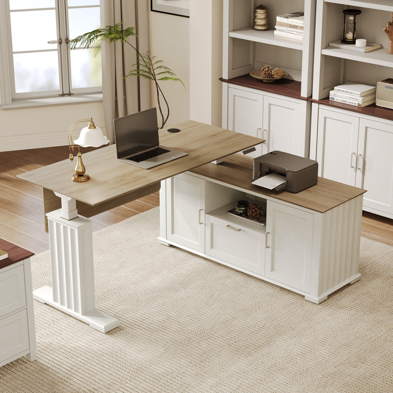 Ashantey 60" L-Shaped Executive Electric Standing Desk with Fluted Roman Legs, Privacy Modesty Panel and Wire, Oak