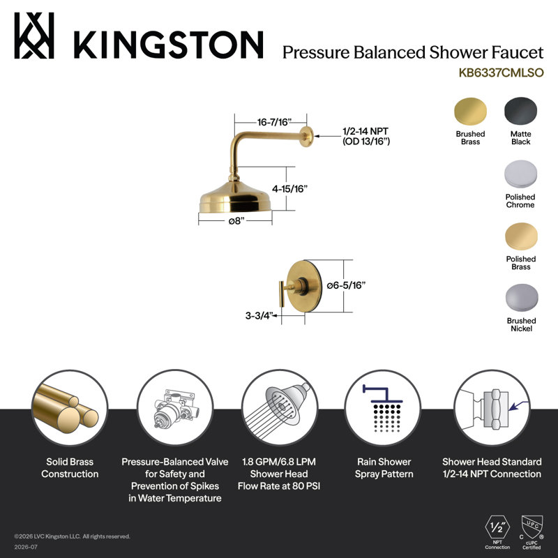 Kingston Brass Manhattan Single-Handle Pressure Balanced Shower Faucet, Brushed Brass
