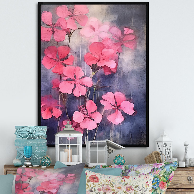 Impression sur toile «Blue and Pink Geranium Minimal Expression I», Cadre flottant noir, H 32 po x l 16 po x P 1 po