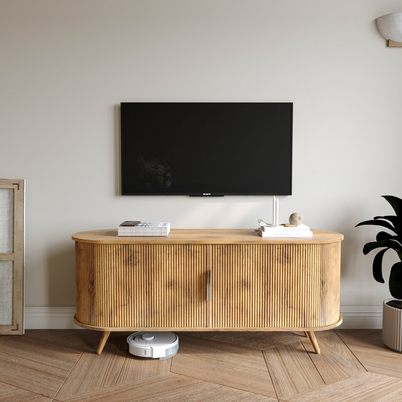 Meuble télé avec prises de courant, conception cannelée pour téléviseur de 55 po ou moins, console moderne avec grand rangement et portes coulissantes, idéale pour le salon et la chambre à coucher