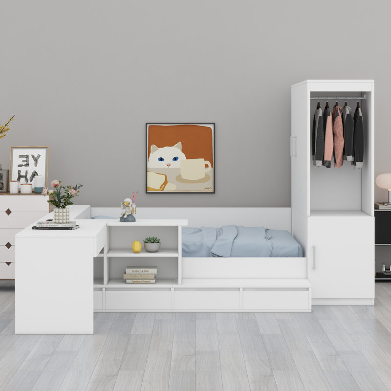Lit plateforme avec tiroirs, tablettes, bureau et garde-robe, Blanc