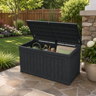 230-Gallon Patio Deck Box with Lockable Top, Wood-Look Finish and Assisted Opening Lid