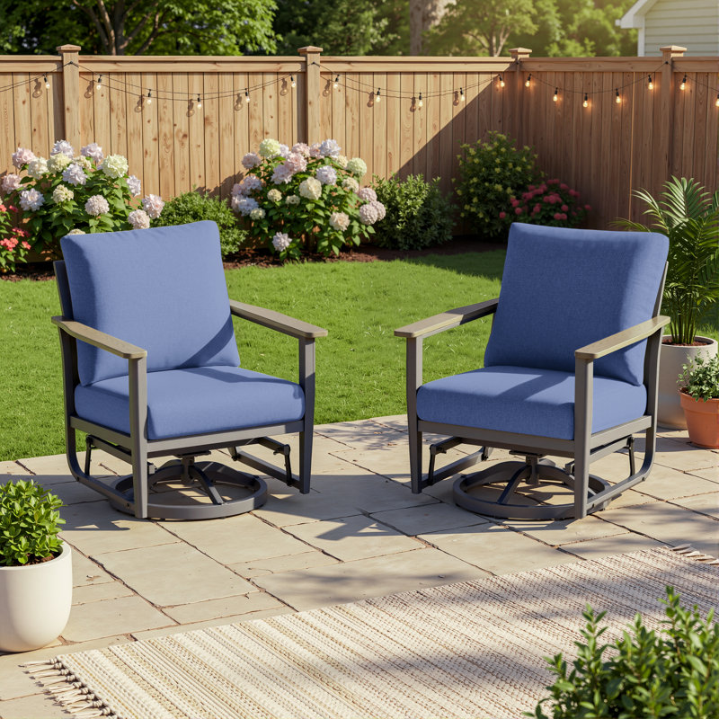 2-Piece All-Aluminum Outdoor Swivel Rocking Armchairs With Cushions, Navy Blue
