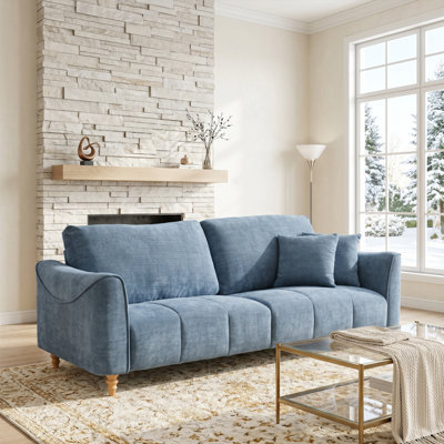 Modern Flared-Arm 3-Seat Sofa, Natural Textured Linen,blue