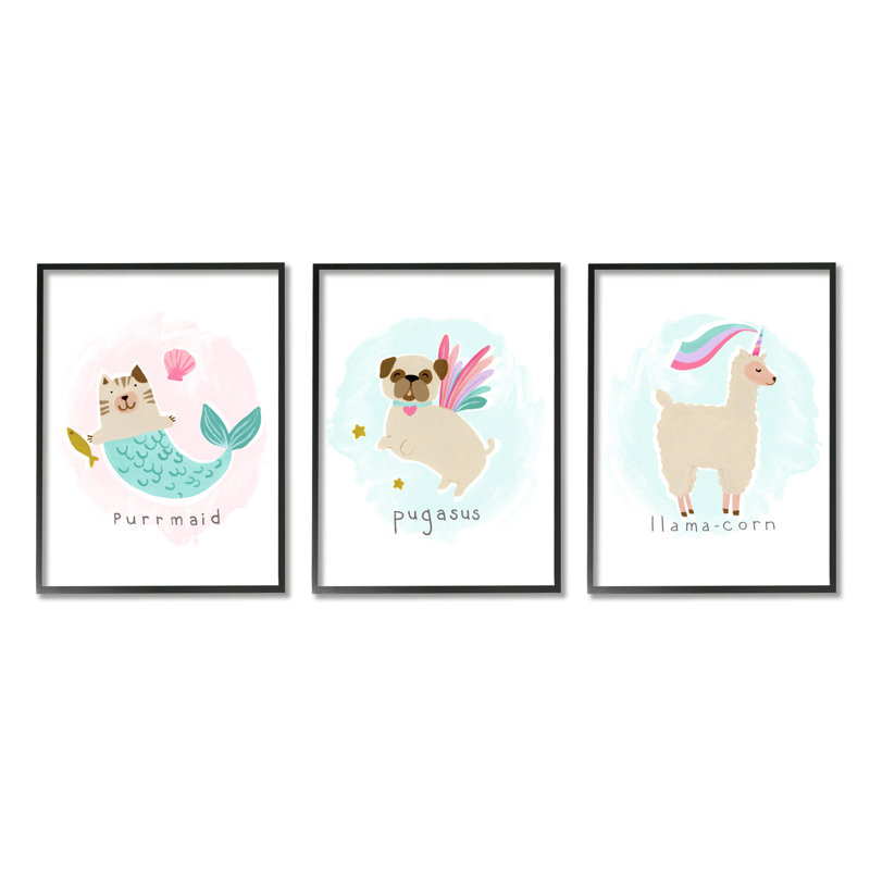 «Whimsical Mythical Animals Creatures», ensemble de giclées texturisées de 3 pi, Giclée encadrée noir minuit