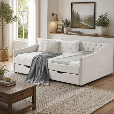 Twin Size Upholstered Daybed with Drawers, Tufted Sofa Bed with Button Back and Copper Nail Waved Arms, Beige Finish