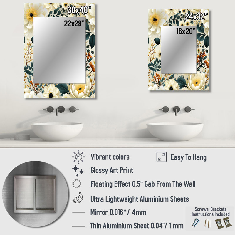 Arismendy ivoire boho chic motif floral - décoration murale miroir unique floral, 40 po x 30 po