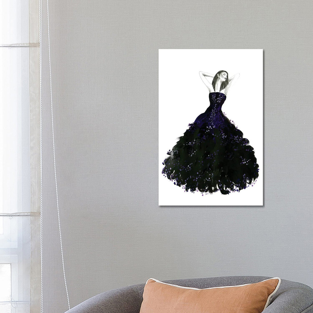 Mode-Illustration Langes schwarzes Kleid von Blursbyai - Galerie-verpackte Leinwand Giclée auf Leinwand