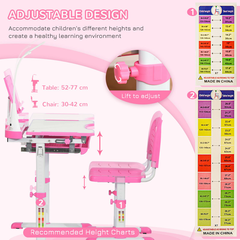 Ensemble de bureau et table pour enfants avec lumière USB pour étude, Rose
