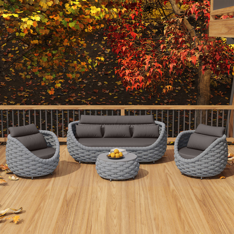 5 - Person Fully Assembled PVC-coated polyester Rope Altuminum Frame Outdoor Conversation Set with Cushions and Table with Marble Pattern Tile Tabletop for Patio Poolside Garden Proch