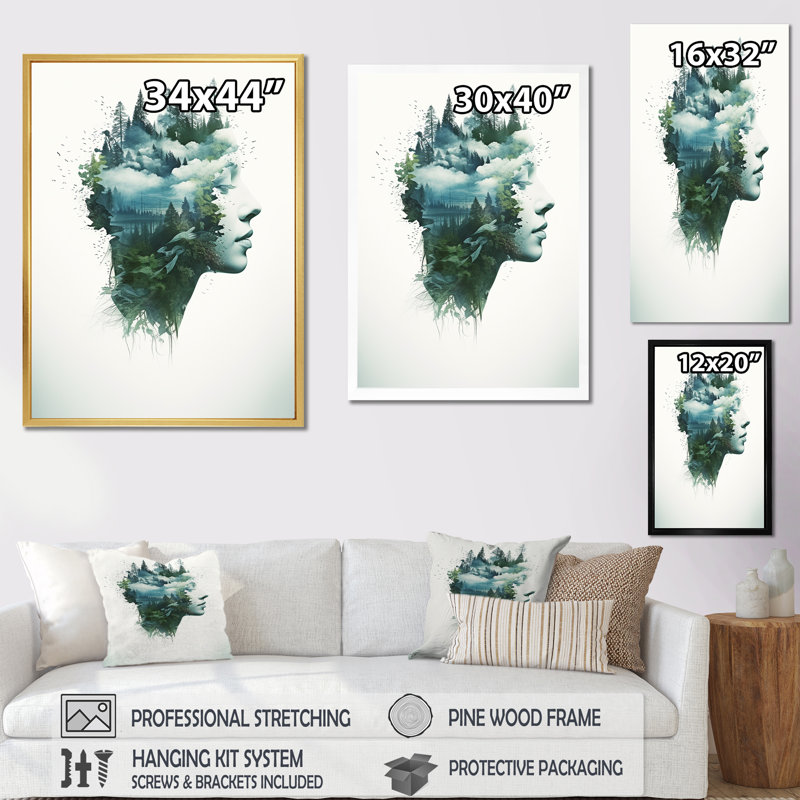 Mindfulness Calming Double Exposure Portrait I - reproduction, Cadre doré simple, H 40 po x l 30 po x P 1,5 po