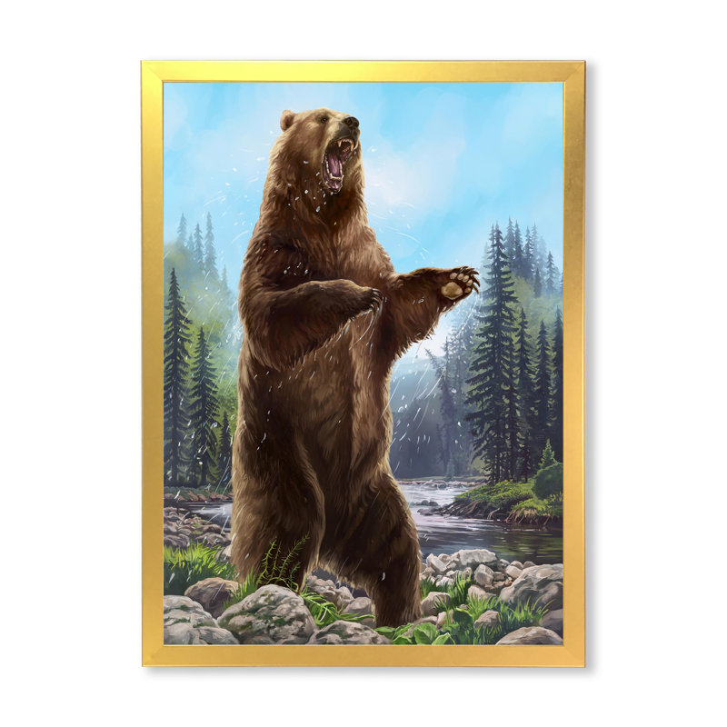 Ours debout - Peinture sur toile, Toile à cadre d'angle fermé doré, H 32 po x l 16 po