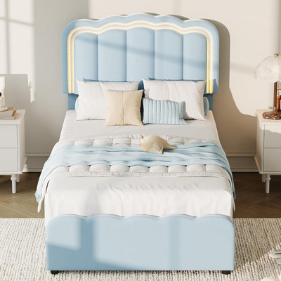 LED Bed Frame, Platform Bed with 2 Large Storage Drawers, Velvet Upholstered Princess Bed, Wooden Slats Support, No Box Spring Needed, Easy Assembly